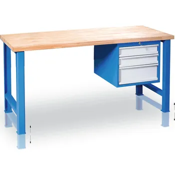 Dílenský stůl Výškově nastavitelný pracovní stůl GD se závěsným boxem na nářadí, buková spárovka, 3 zásuvky, 1500 x 800 x 850 - 1050 mm, modrá