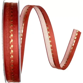 Stuha Vánoční stuha GALAXY RED červená 15mm x 20m (8,-Kč/m) (Vánoční stuha organzová, červená, částečně průsvitná, zlaté prošívání, tkaním zesílené okraje)