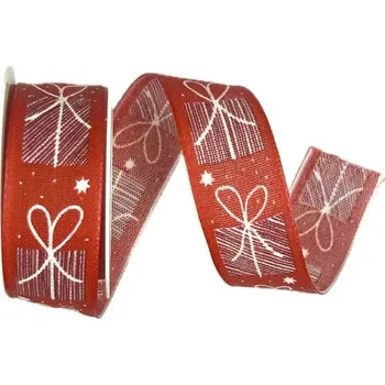 Stuha Vánoční látková stuha GIFTS balíčky červené 25mm x 2m (11,-Kč/m) (Vánoční látková stuha, červená, jednostranný bílý potisk, s vlascem v lemu)