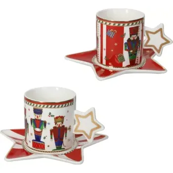 Sada 2 šálků s podšálkami ve tvaru hvězdičky na presso 80 ml Lo Schiaccianoc BRANDANI (barva - porcelán, bílá/červená/zlatá)