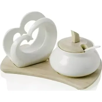 Cukřenka Porcelánový stojan na ubrousky s cukřenkou na bambusovém podnosu Brandani (barva - bílá a bambus)