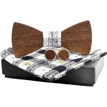 Souprava šperků Set dřevěného motýlku, kapesníčku a manžetových knoflíčků - S mřížkami