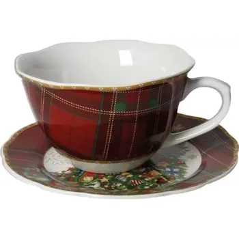 Velký snídaňový hrnek s podšállkem na kakao, čaj, kávu 600ml CHRISTMAS II. BRANDANI (barva - červená s motivem)