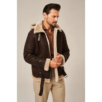 Pánská bunda Pánská zimní kožená bunda s kapucí, hnědá (XL - 58)