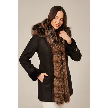 Dámský kabát Dámský zimní kožíšek s kapucí, tmavě hnědý (XL - 42)