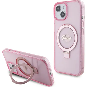 Telefonní příslušenství Guess IML Ring Stand Glitter MagSafe Zadní Kryt pro iPhone 15 Pink 3666339156466