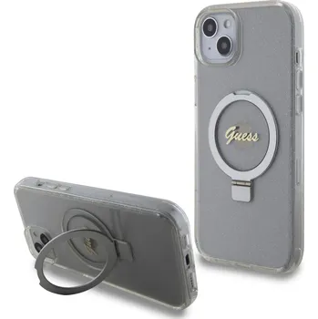 Pouzdro na mobilní telefon Guess IML Ring Stand Glitter MagSafe Zadní Kryt pro iPhone 15 Plus Transparent 3666339156619