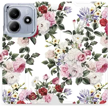 Pouzdro na mobilní telefon Flipové pouzdro Mobiwear - Xiaomi Redmi Note 14 5G - MD01S Růže na bílé (Knížkové flip pouzdro, obal, kryt na mobil Xiaomi Redmi Note 14 5G - MD01S Růže na bílé, materiál Umělá kůže + TPU - ochrana 360°, stojánek, silikonová vanička, magnetické zavírání)