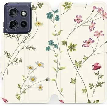 Pouzdro na mobilní telefon Flipové pouzdro Mobiwear - Motorola Edge 50 Neo - MD03S Tenké rostlinky s květy (Knížkové flip pouzdro, obal, kryt na mobil Motorola Edge 50 Neo - MD03S Tenké rostlinky s květy, materiál Umělá kůže + TPU - ochrana 360°, stojánek, silikonová vanička,)