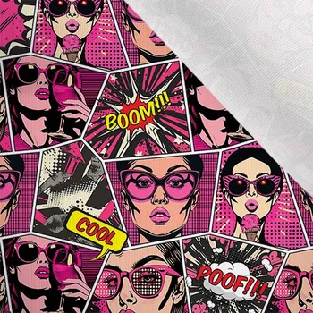 Látka matná na plavky, fitness oblečení pop art pink komiks