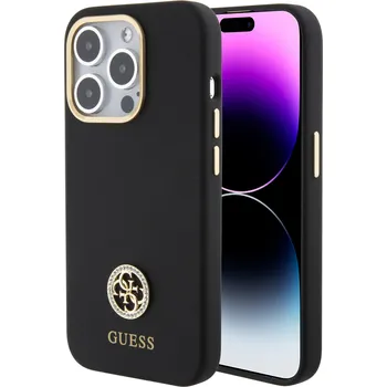 Guess Liquid Silicone 4G Strass Metal Logo Zadní Kryt pro iPhone 15 Pro Black 3666339148508