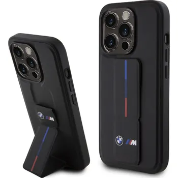 Pouzdro na mobilní telefon BMW M Collection PU Grip Stand Tricolor Line Zadní Kryt pro iPhone 15 Pro Black 3666339141950