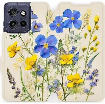 Pouzdro na mobilní telefon Flipové pouzdro Mobiwear - Motorola Edge 50 Neo - VP41S Modré a žluté kvítky (Knížkové flip pouzdro, obal, kryt na mobil Motorola Edge 50 Neo - VP41S Modré a žluté kvítky, materiál Umělá kůže + TPU - ochrana 360°, stojánek, silikonová vanička, magnetické)