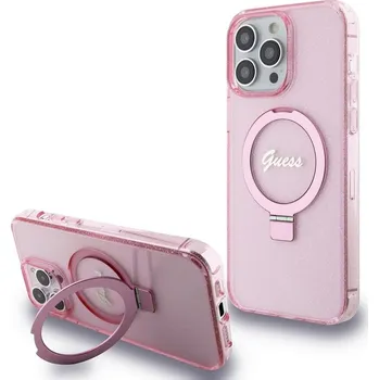 Pouzdro na mobilní telefon Guess IML Ring Stand Glitter MagSafe Zadní Kryt pro iPhone 15 Pro Pink 3666339156480