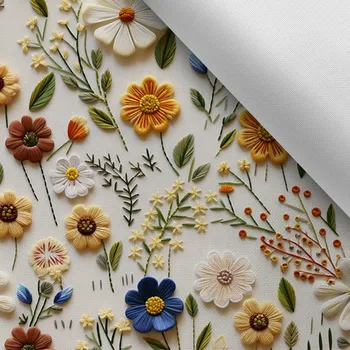 Látka s potiskem nepromokavý polyester TD/NS imitace výšivky světlé 6