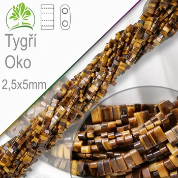 Dětské navlékací korálky Minerální korálky tvarované Tygří Oko. Velikost 2,5x5mm obdelníkové korálky s dvěma otvory. Balení 20Ks