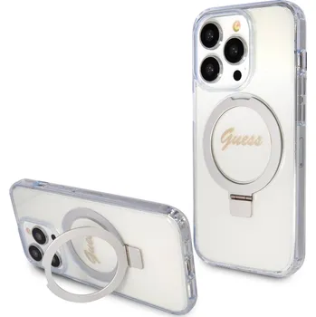 Pouzdro na mobilní telefon Guess IML Ring Stand Glitter MagSafe Zadní Kryt pro iPhone 15 Pro Transparent 3666339156626