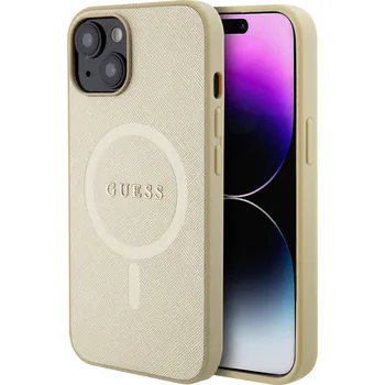 Pouzdro na mobilní telefon Guess PU Saffiano MagSafe Zadní Kryt pro iPhone 15 Plus Beige 3666339156053