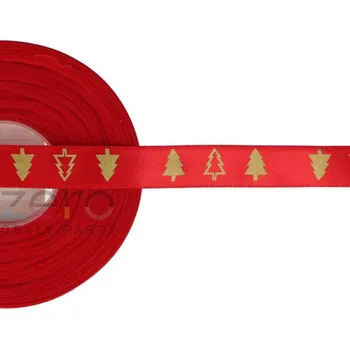 Stuha Stuha atlasová 1,5 cm x 30 y - červená se stromečky
