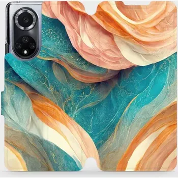 Pouzdro na mobilní telefon Knížkové flip pouzdro Mobiwear - Huawei Nova 9 - VP36S Azurový a oranžový mramor - VÝPRODEJ (Parádní flip obal, kryt, pouzdro Mobiwear na mobilní telefon Huawei Nova 9 s motivem VP36S Azurový a oranžový mramor)