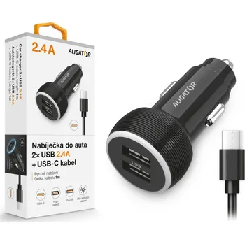 Nabíječka do auta ALIGATOR&nbsp;s USB-C kabelem a 2xUSB výstupem 2.4A,&nbsp;černá
