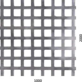 Plech děrovaný plech, otvor 10 x 10 mm, rozteč 15 mm, Fe - ocelový plech, čtvercové řadové děrování, rozměr plechu 2000 x 1000 x 1,0 mm, bez povrchové úpravy