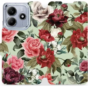 Flipové pouzdro Mobiwear - Xiaomi Redmi Note 14 5G - MD06P Růže a květy na světle zelené (Knížkové flip pouzdro, obal, kryt na mobil Xiaomi Redmi Note 14 5G - MD06P Růže a květy na světle zelené, materiál Umělá kůže + TPU - ochrana 360°, stojánek,)