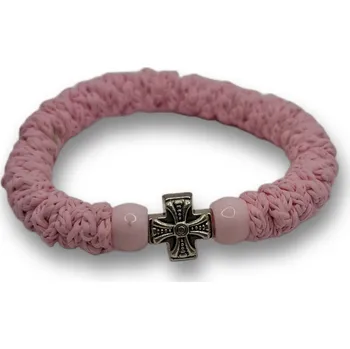 Náramek Ortodoxní modlitební náramek - Elastický, růžový se saténem a křížkem