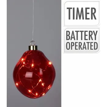 Vánoce Skleněná baňka s LED, 12 cm červená průhledná