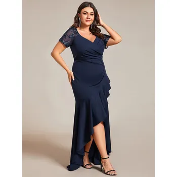 Dámské šaty Večerní šaty s nášivky, volánky a krátkým rukávem Barva: Tmavě Modrá, Velikost: 9XL