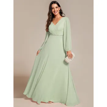 Dámské šaty Šifonové šaty na svatbu s výstřihem do V a dlouhým rukávem Barva: Mátová, Velikost: 9XL