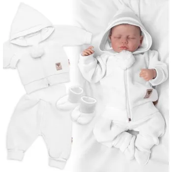 Kojenecká souprava 3-dílná souprava Hand made, pletený kabátek, kalhoty a botičky, bílá, Velikost koj. oblečení 68 (3-6m)