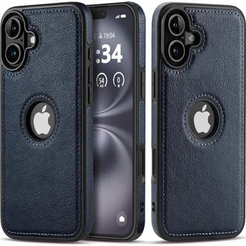Pouzdro na mobilní telefon Kožený obal s výřezem pro logo iPhone 16 Barva: Tmavě modrá
