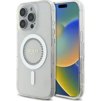 Pouzdro na mobilní telefon Guess IML Rhinestones Ring MagSafe Zadní Kryt pro iPhone 16 Pro Max Barva: Bílá