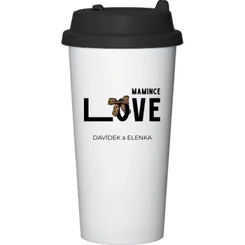 Cestovní nerezový hrnek s potiskem Mamince Love s mašlí a jmény jejích dětí
