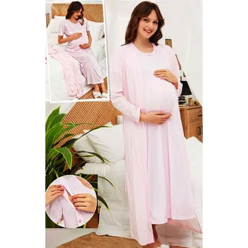 Dámská noční košile Růžová kojící a těhotenská košilka a pruhovaný župan v kompletu v dlouhé délce 1G0613 růžová l