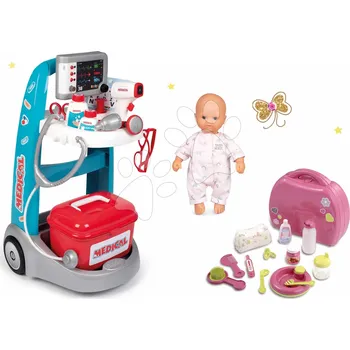 Panenka Set lékařský vozík elektronický Medical Smoby a přebalovací set v kufříku a panenka