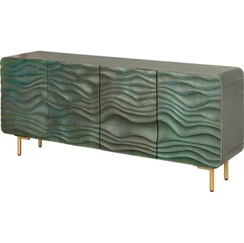 Příborník do zásuvky Stylový čtyřdveřový art deco příborník Tyrquis v tyrkysové barvě s vyřezávanými reliéfy a zlatými nožičkami 160 cm