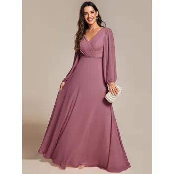 Dámské šaty Šifonové šaty na svatbu s výstřihem do V a dlouhým rukávem Barva: Purpurová, Velikost: 7XL