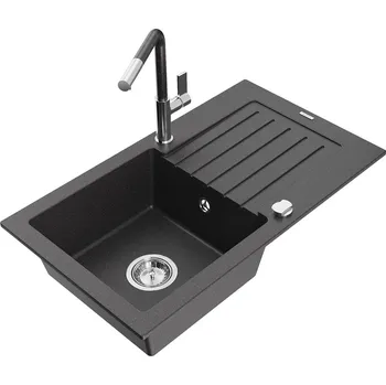 Granitový dřez MEXEN/S - Pablo granitový dřez 1 s odkapávačem včetně baterie Flora, černá kropenatá 6510-76-670401-08