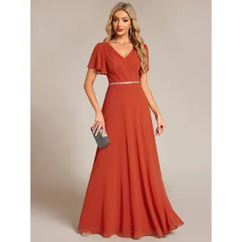 Dámské oblečení Elegantní šifonové šaty s volánkovými rukávy a páskem Barva: Oranžová, Velikost: M