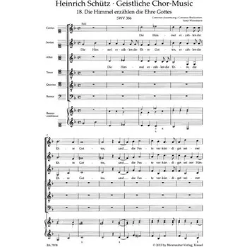 Heinrich Schütz: Die Himmel Erzahlen Die Ehre Gottes SWV 386 - SATB (noty na sborový zpěv, bass continuo)