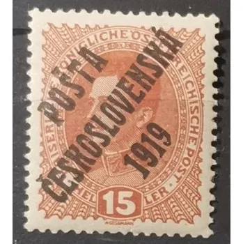 Sběratelství Známka ČSR PČ 1919, 15h, Pof.38**, II. typ přetisku