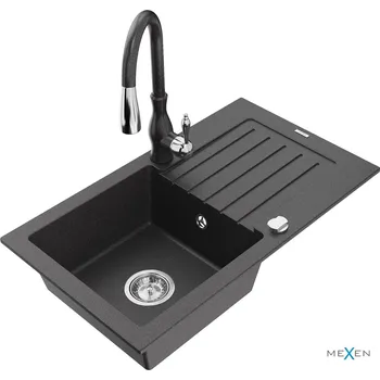 Kuchyňský dřez MEXEN/S - Pablo granitový dřez 1 s odkapávačem včetně baterie Savita, černá kropenatá 6510-76-672601-76