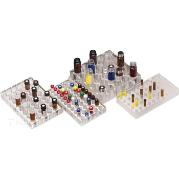 Stojánek na vialky PMMA (Popis: Pro vialky ND13, Průměr otvorů (mm): 15,1, Počet otvorů: 5 x 8, Rozměry D x Š x V (mm): 176 x 116 x 20, Balení (ks): 1)