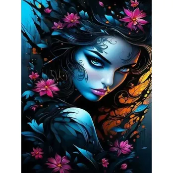 Diamantové malování Diamantové malování - Smyslná černovláska a růžové květy + třpytivé kamínky (50x70)