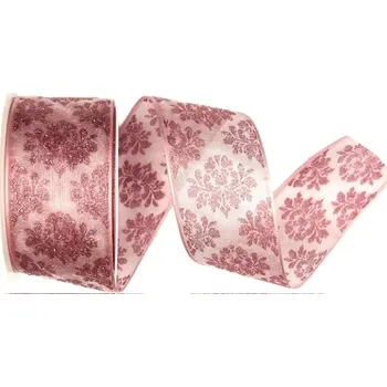 Stuha Vánoční stuha organzová GLAMOUR CROWN PINK růžová 40mm x 2m (Vánoční stuha organzová, růžová, oboustranná, průsvitná, růžový glitrovaný potisk, s vlascem v lemu)