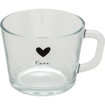 Sklenice Skleněný hrneček s černým srdíčkem Love - 13*10*9 cm / 450 ml