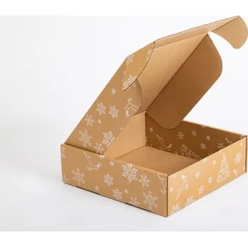 Obalový materiál Poštovní kartonová krabice vánoční hnědá s bílé sněhové vločky a soby 320x320x100 mm 3VVL B 460g/m2 FSC Mix - paleta 1240 ks