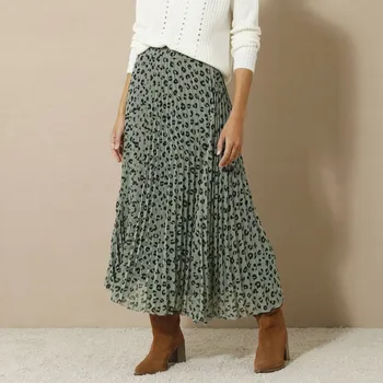 Dámská sukně Plisovaná midi sukně s leopardím potiskem khaki/černá 38/40